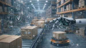 Robotic arm interacting with packages on a warehouse conveyor, with digital supply chain icons overlaying shelves, boxes, and autonomous logistics systems in a modern fulfillment center.