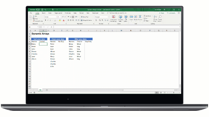Animated image of Dynamic Arrays being used in an Excel spreadsheet.