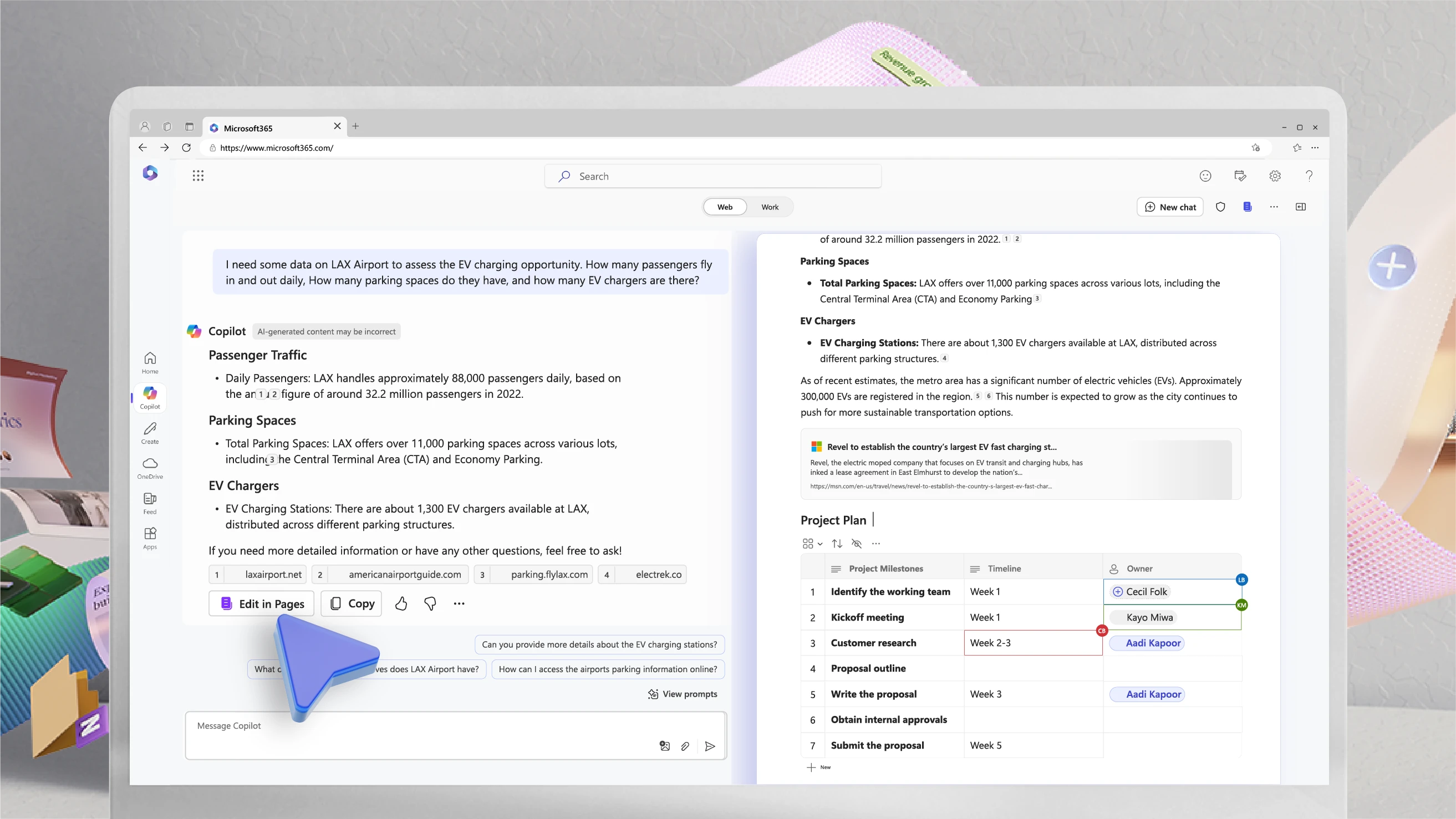 Product screen showing the Copilot Pages interface and collaboration between users in the Microsoft 365 Copilot web experience. The image background shows a dynamic visual of the Microsoft 365 app icons.