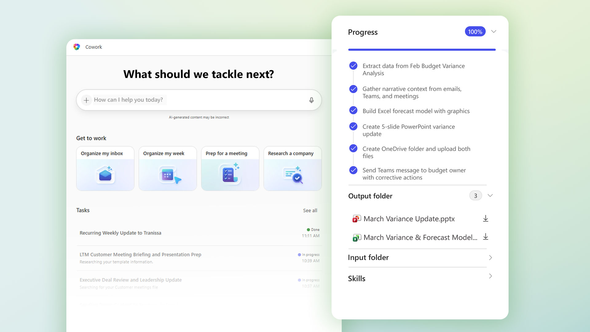 Microsoft 365 Copilot interface displaying task suggestions and a completed multi‑step workflow with progress tracking.