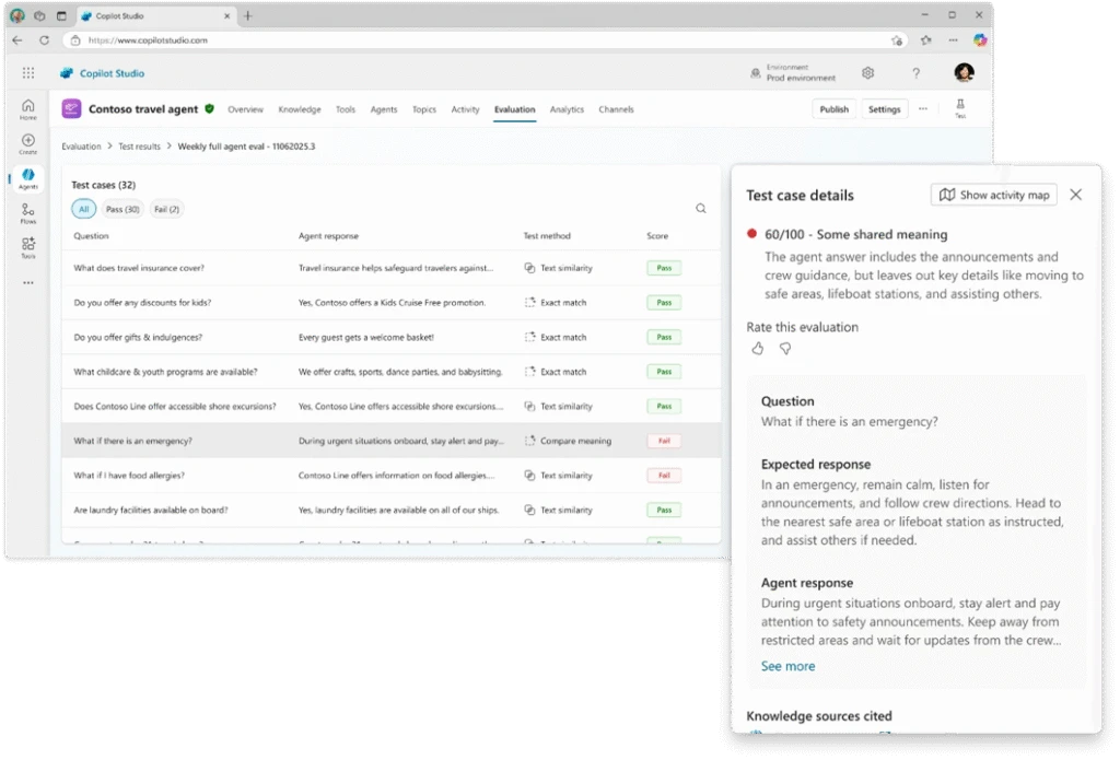 Scores of an agent&rsquo;s test cases in the agent&rsquo;s Evaluation tab in Microsoft Copilot Studio.