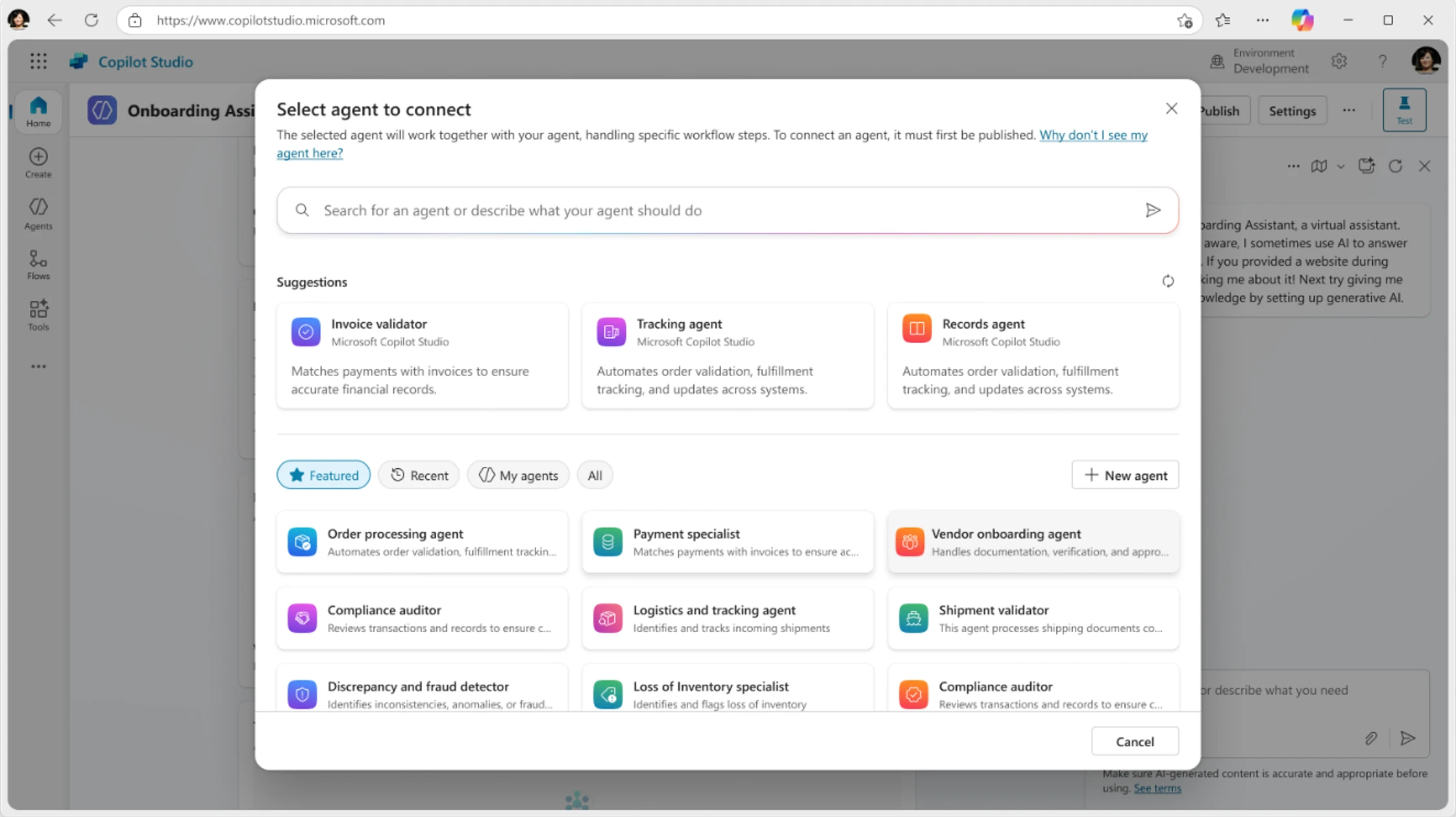 Copilot Studio screen called “Select agent to connect,” where you can connect multiple agents to work together.