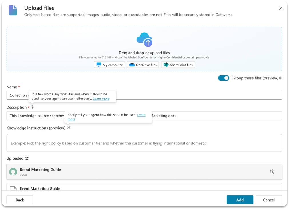Copilot Studio screen called “Upload files,” where you can build a file collection as a single knowledge source.