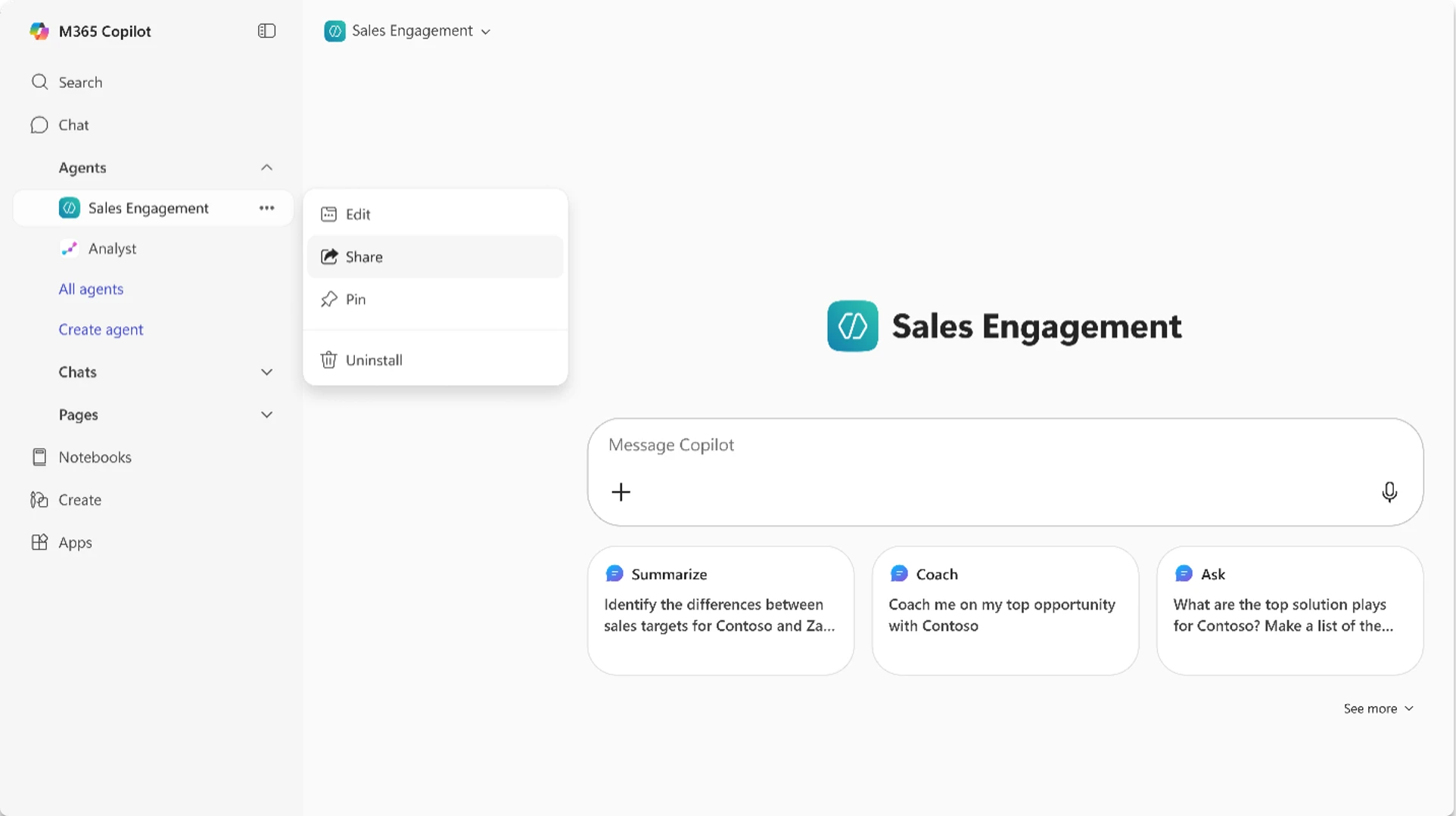 Microsoft 365 Copilot showing the ability to share a Sales Engagement agent on the left-hand navigation.
