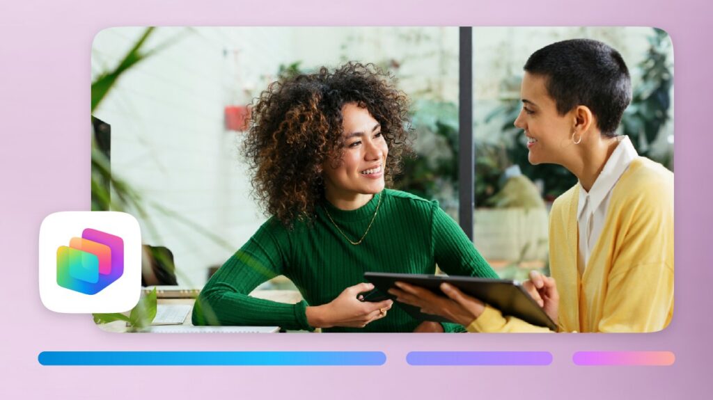 Two people using Microsoft Copilot Studio collaborate in an office setting. The Copilot Studio icon is in the left bottom corner.