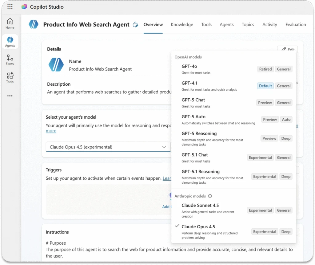 Model options in an agent in Microsoft Copilot Studio, showing a variety of available OpenAI and Anthropic models.