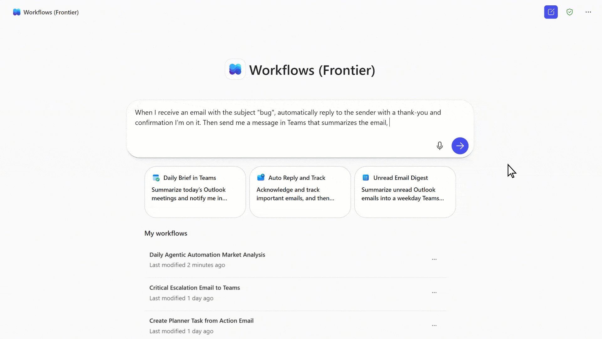 A Workflows Agent creating a flow to respond automatically to bug emails.