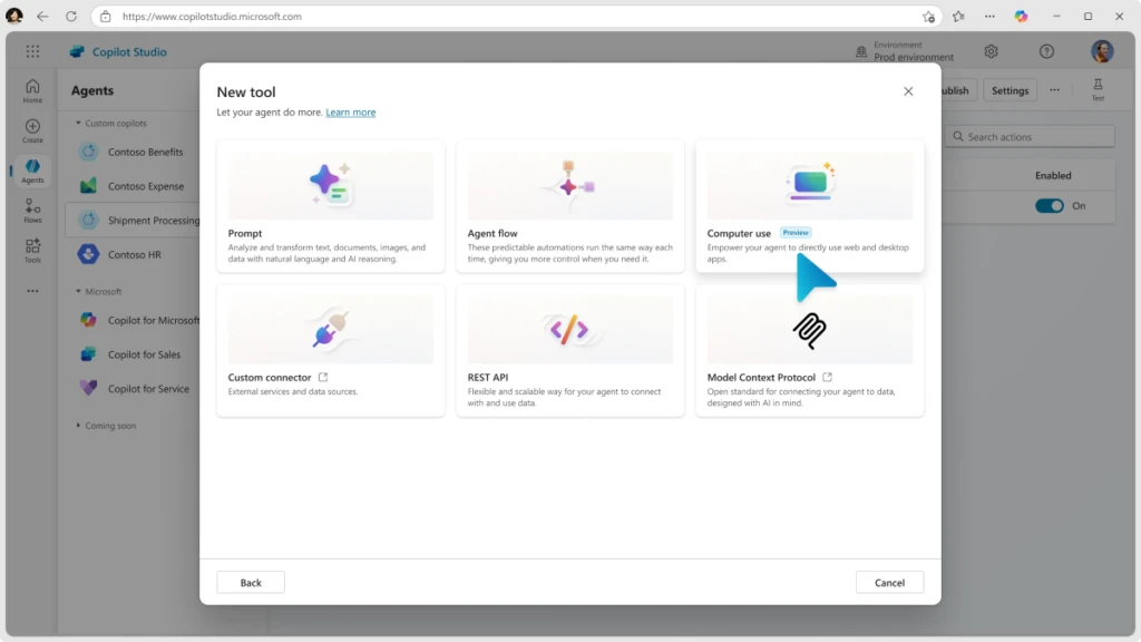 A screenshot showing how to choose computer use in the Tools tab in Copilot Studio
